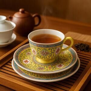 Jingdezhen China 2006 4 Sets Famille Jaune Mun Shou Tea Cup Saucer Dessert Plate